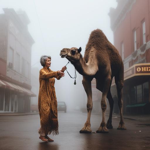 old stylish woman in a crop top dancing with a camel in an old foggy town. full body. The camera is a Leica M10 35mm photography. Beautiful composition in sharp focus. Shot in the style of Cindy Sherman