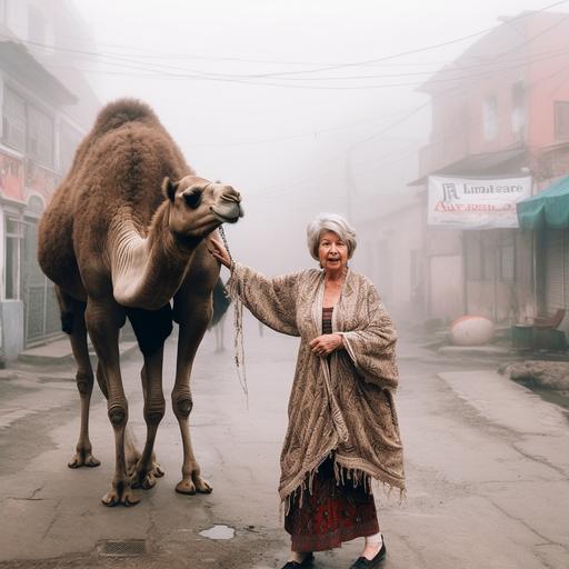old stylish woman in a crop top dancing with a camel in an old foggy town. full body. The camera is a Leica M10 35mm photography. Beautiful composition in sharp focus. Shot in the style of Cindy Sherman