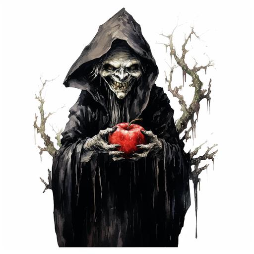 old ugly witch evil smile,hand a red apple,sumi-e,full body,dark forest --v 5.2