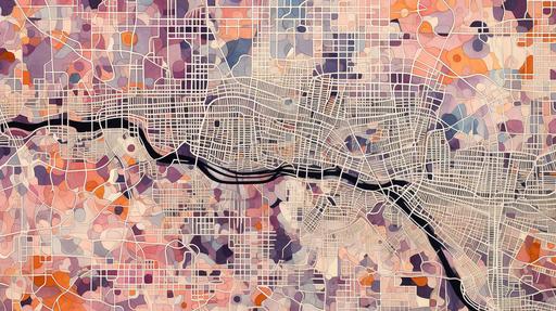 old urban MAP pattern texture, new city and old city, nature and infrastructures, organic 2D inspired by hungarian cities in ottoman culture, on raw tissue, thick lines, human vernacular, black, pastel purple and pastel orange ink on paper --ar 16:9