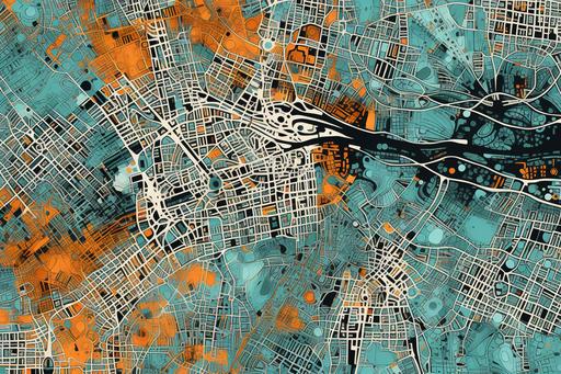 old urban MAP pattern texture, new city and old city, nature and infrastructures, organic 2D inspired by hungarian cities in ottoman culture, on raw tissue, thick lines, human vernacular, black, turquoise and orange ink on paper --ar 3:2