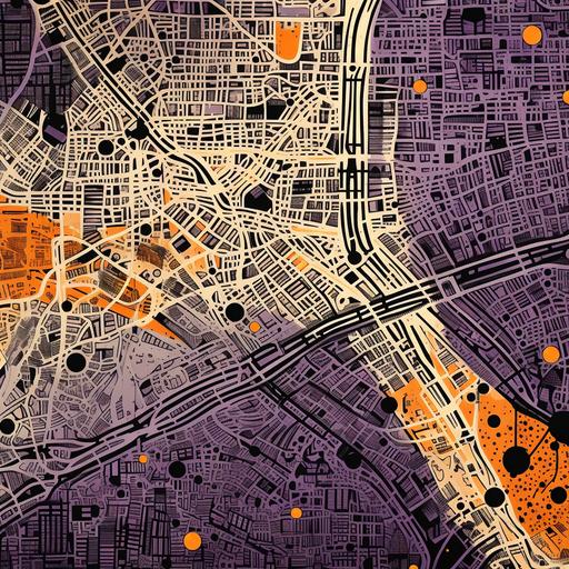 old urban MAP pattern texture, new city and old city, nature and infrastructures, organic 2D inspired by hungarian cities in ottoman culture, on raw tissue, thick lines, human vernacular, black, purple and orange ink on paper