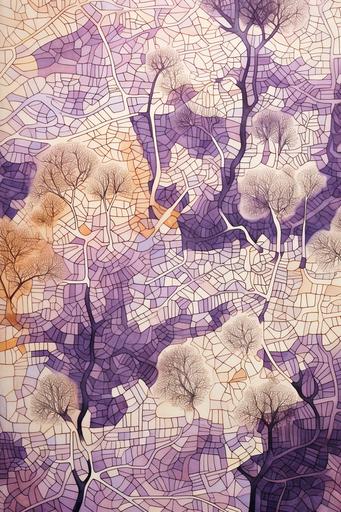 old urban MAP pattern texture, new city and old city, nature and infrastructures, organic 2D inspired by hungarian cities in ottoman culture, on raw tissue, thick lines, human vernacular, black, pastel purple and pastel orange ink on paper --ar 2:3