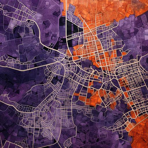 old urban MAP pattern texture, new city and old city, nature and infrastructures, organic 2D inspired by hungarian cities in ottoman culture, on raw tissue, thick lines, human vernacular, black, purple and orange ink on paper