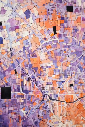 old urban MAP pattern texture, new city and old city, nature and infrastructures, organic 2D inspired by hungarian cities in ottoman culture, on raw tissue, thick lines, human vernacular, black, pastel purple and pastel orange ink on paper --ar 2:3