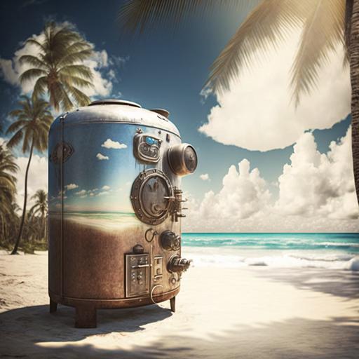 old water heater on a caribbean beach, sun, palm trees, sea, waves, clouds, silk effect