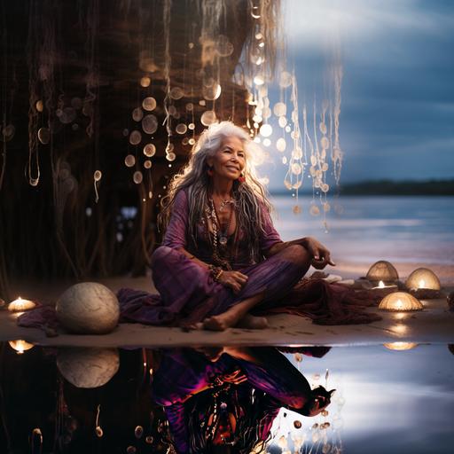 old woman smiling, sitting on the beach, wearing a purple prom-dress, intricate details, 3 moons emerging from water --s 250 --style raw