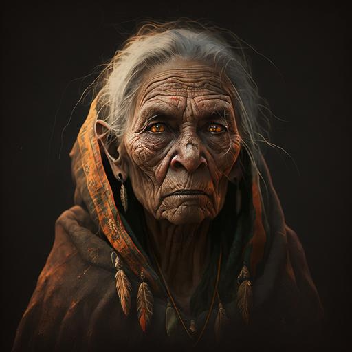 old woman, weathered brown skin, cloak, blind, milky eyes, shaman, wise grandmother, Amazon, black fury