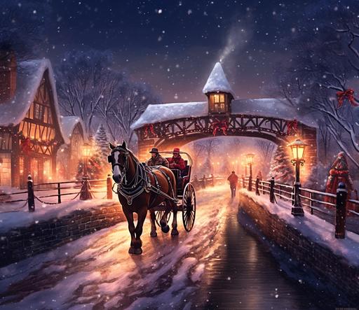 old wooden covered bridge over a river, horse drawn carriage with people with realistic faces, in the carriage, the carriage is coming out of the bridge travelling to a christmas tree lighting in the center of town, snow covered landscape, christmas time, red christmas bows, falling snow, watercolor, illustration, 8k, vibrant --ar 37:32 --v 5.1