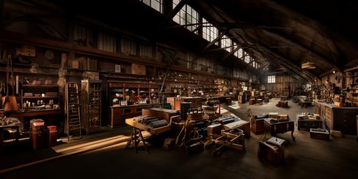 old wooden workshop with racks with suitcases and with old wooden chairs on the floor