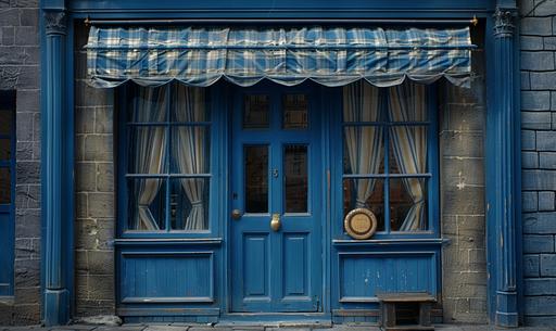 old world shop front, blue door, blue check curtains either side of the door and blue and white striped pelmet. --ar 5:3
