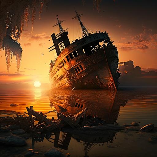 old wrecked ship , retro, haunted, fairy sunset, help, realistic,4k,--V4--ar2:3