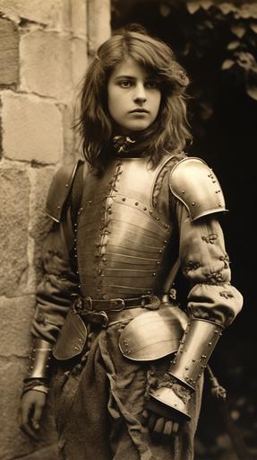 old ww1 photograph of a beautiful Joan of arc, long hair, tall, suit of armor, female knight::1.7 film grain, Schlieren, Daguerrotype, Ambrotype, Calotype, Tintype, DOF, Tilt Blur, Long Exposure:: Picture frame::-0.5 --style raw --ar 9:16