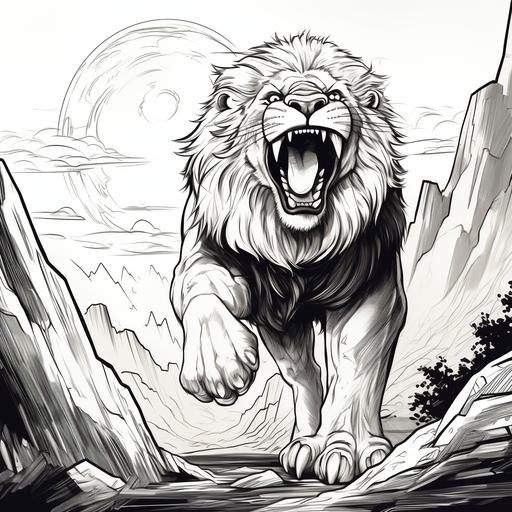 oloring page, black and white, huge lion roaring with fire coming out of his mouth, fire encrypted with bible verse, the lion is on top of the rock edge, - - AR, pixar cartoon look, no shading, thick black line