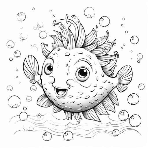 oloring page for kids, cartoon style, puffer fish, black and white, no color, thick lines, no shading