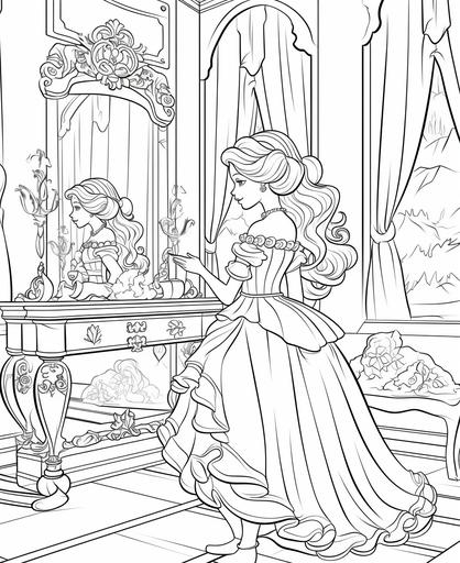oloring pages for kids, princess looking at herself in a mirror, cartoon lines, thick lines, medium detail , no shading --ar 9:11