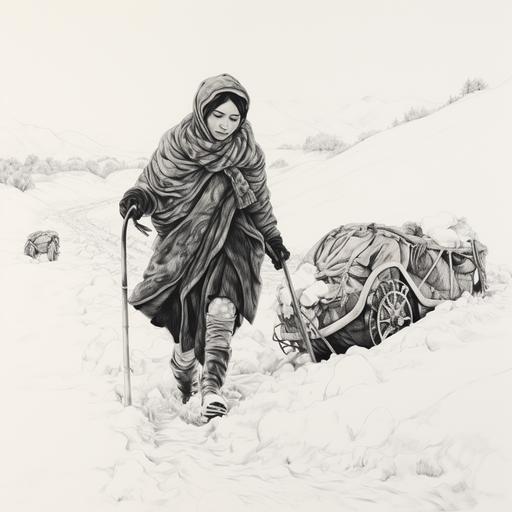 olouring page for young person, pakistani woman dressed in quilted jacket with fur lined hood dragging modern sledge across snowy waste, thick line, no shading, black and white