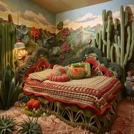 realistic photo, a bedroom with furniture made of crochet