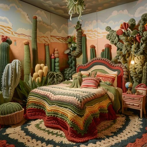 realistic photo, a bedroom with furniture made of crochet