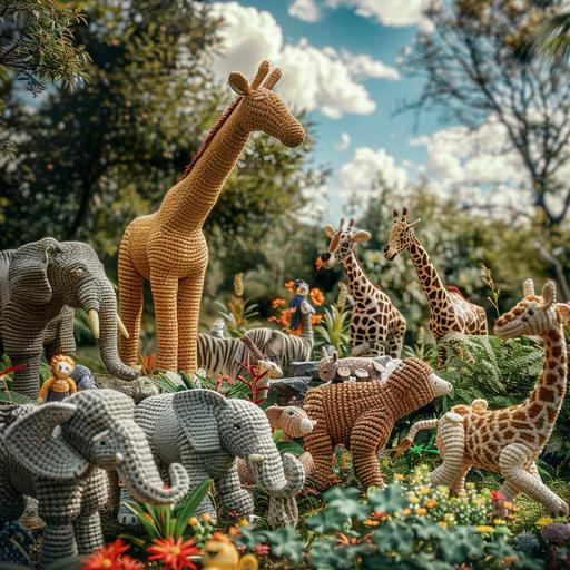 realistic photo, zoo with crochet animals