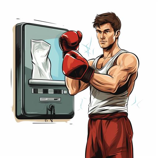 on a white background no glove a boxing trainer with a timer in his hand and a towel on his other hand punch-out style