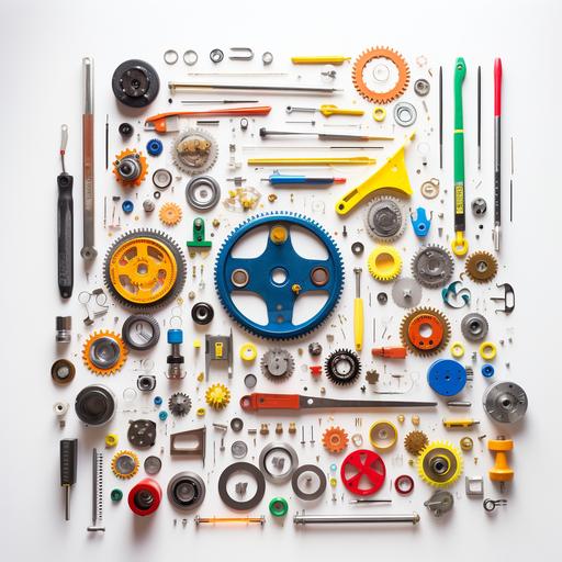 on a white background, tools such as tape, post-its, pins, pens, syringes, gaskets, screws, string, springs, nuts, bolts, gears, knobs, triangle, ruler