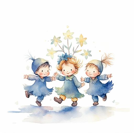 Based on this link, make an image of four little people, as in the link, who are dancing around a blue snowflake, looking slightly from above the composition, watercolor, without background