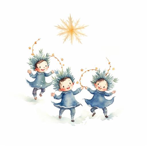 Based on this link, make an image of four little people, as in the link, who are dancing around a blue snowflake, looking slightly from above the composition, watercolor, without background