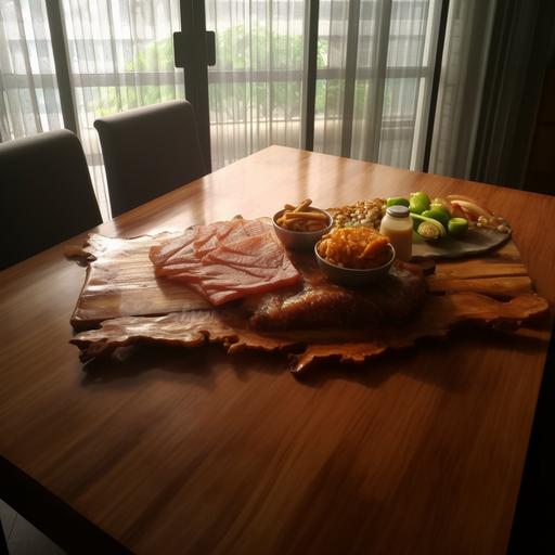 on this narra table, Imagine a platter of sizzling, golden-brown bacon, emitting an irresistible aroma. The crispy strips of bacon are perfectly cooked to add a savory touch to the breakfast spread.
