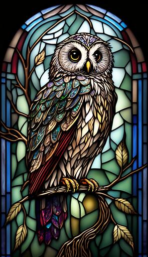 one awesomely cute superb owl, baby owl, stained glass --ar 4:7