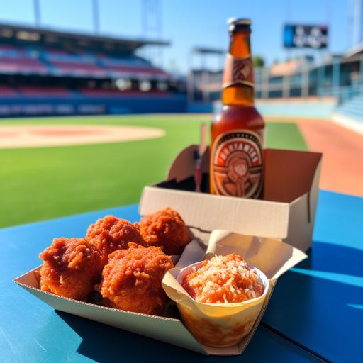 one big crispy fried ball and tap beer in a blue box package, marinara sauce on the side, baseball stadium, 19:6
