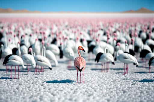 one black flamingo in a flock of hundreds of pink and white flamingos. feet in a pink salt lake. white sands dunes landscape. hyper-detailed, hyper-photorealistic, sharp-focus photography depth of field, 8k --v 4 --ar 3:2 --no drawing, frame, painting --q 2