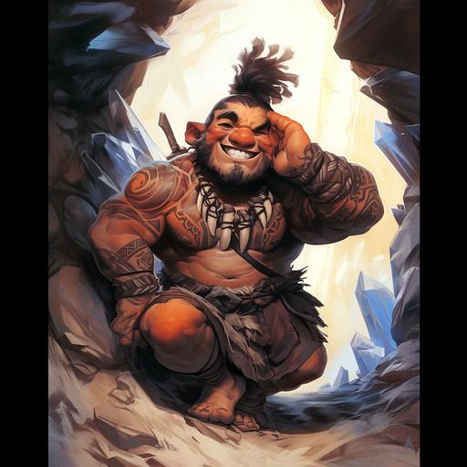 one eye open, burly strongman very muscular. laughing with his hand on the back of his head. full body art. eyes open. A burly maori halfling strongman wearing a shoulder strap, with black hair undercut knot, sidburns and 5 o'clock beard. He is an affable Himbo cheerful and good natured, big smile. Maori tattoos and maori facial tattoos. 4 foot tall, in a giant crystal cave. --sref    --niji 6 --style raw
