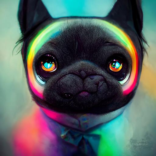 one face, black pug, brown pug, husky, chihuahua, tuxedo cat, lights, pastel colors, heart, tear, rainbow