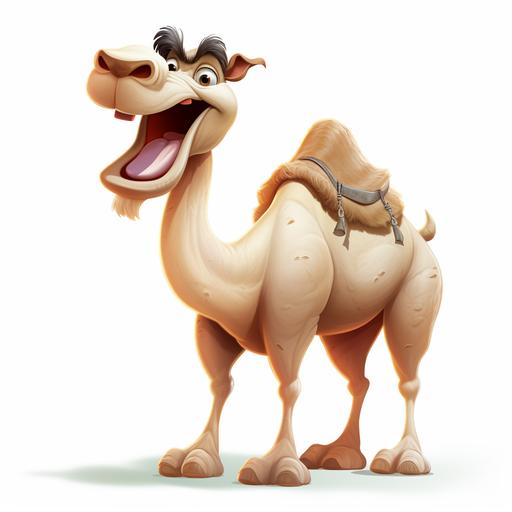 one funny camel, talking, cartoon, disney, white background --v 5.2