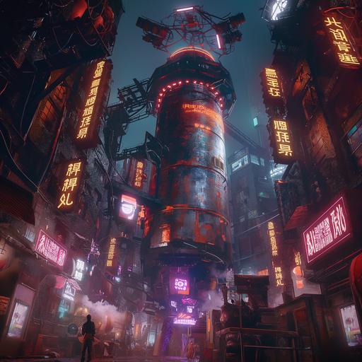 one giant metal beer can towers over the city in Cyber ​​Punk style, neon lighting, high detail, high fantasy, 8K --v 6.0