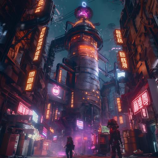 one giant metal beer can towers over the city in Cyber ​​Punk style, neon lighting, high detail, high fantasy, 8K --v 6.0