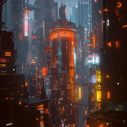 one giant metal beer can towers over the city in Cyber ​​Punk style, neon lighting, high detail, high fantasy, 8K --v 6.0