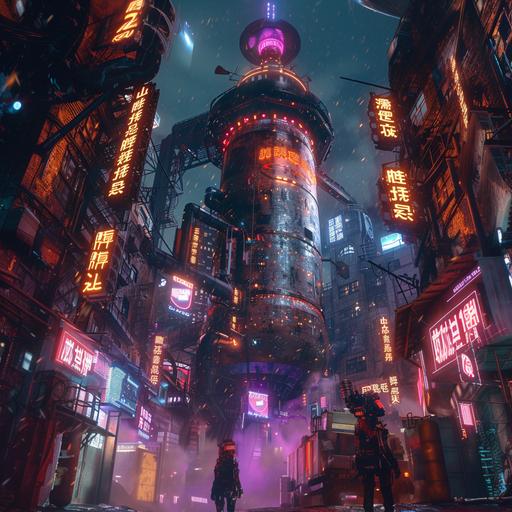 one giant metal beer can towers over the city in Cyber ​​Punk style, neon lighting, high detail, high fantasy, 8K
