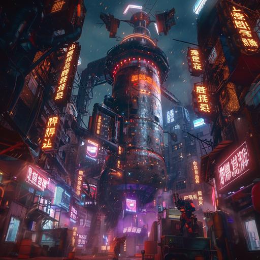 one giant metal beer can towers over the city in Cyber ​​Punk style, neon lighting, high detail, high fantasy, 8K