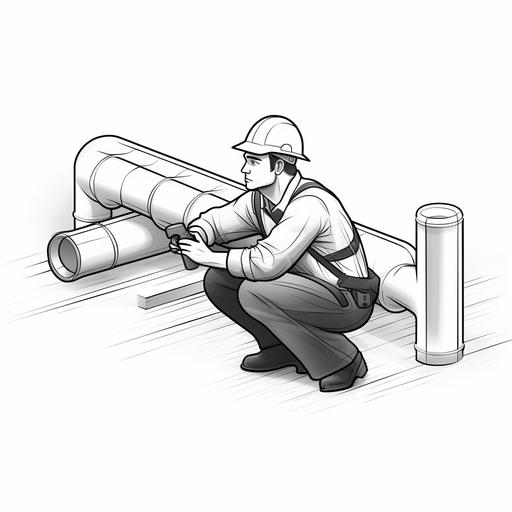one line drawing 3d icon. mexican constructer worker, pvc pipes, ultra realistic style. black and white quality 2,-- ar 9:16