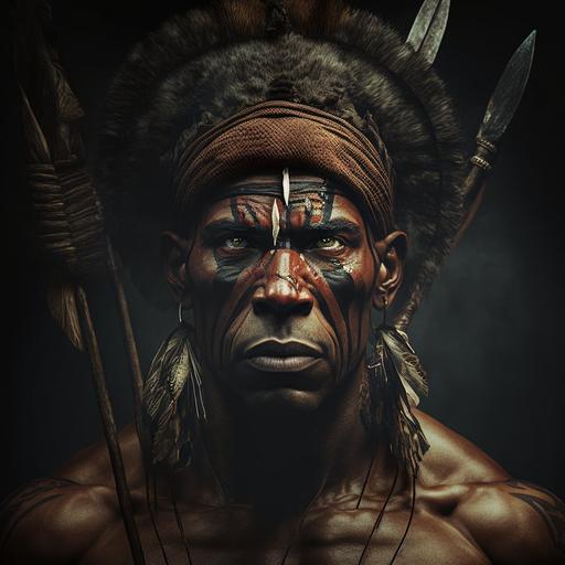 one man, african american, seminole indian, bow and arrow, war cry, indian head dress, muscular, scarred, angry, dark forest, cinematic lighting