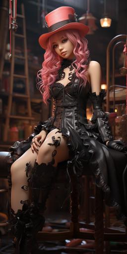 one piece character, perona, ghost princess,pink hair,japanese fashion gothic style,black and white dress,top hat,red boot,high heels --ar 10:20 --s 750 --v 5.2 --style raw