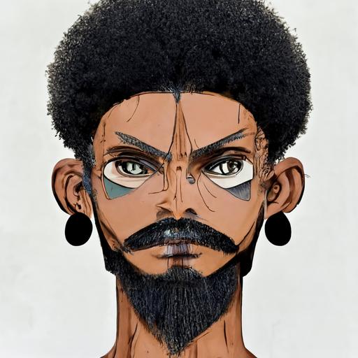 one piece, new character concept design, male, half african, 27 years, black short shaved hair, mustache and beard stubble, colossal background,   aquiline face   anime bleach style