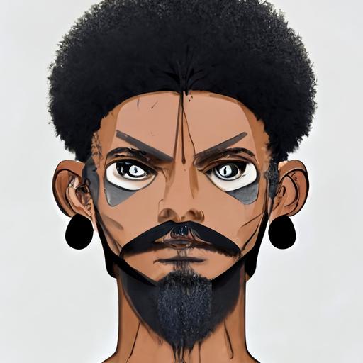 one piece, new character concept design, male, half african, 27 years, black short shaved hair, mustache and beard stubble, colossal background,   aquiline face   anime bleach style --uplight
