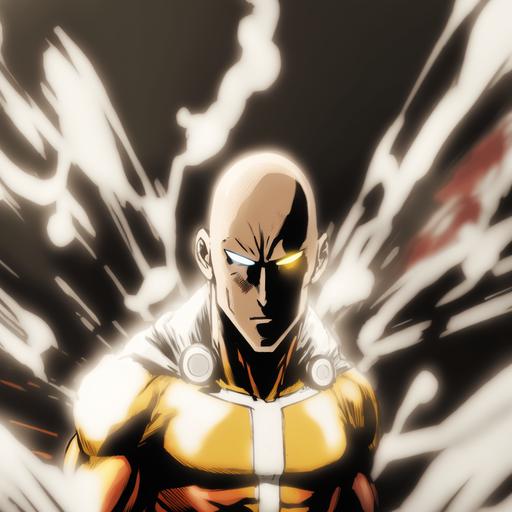 one-punch man saitama serious punch at camera with speed blur-lines, 4k, hyper-realistic, full colour, glowing eyes flaming fist