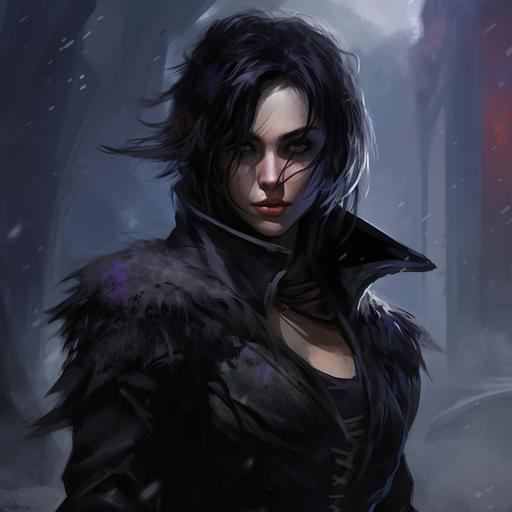 one woman, female, tall, pale skin, black hair, ponytail, pitch black eyeballs, deep purple eye pupils, monk, forgotten realms, fantasy, frost, cold. mature female, black or brown clothes, cold atmosphere, icewind dale, portrait, silver jewelry, muscular, dark purple markings on the face, short hair ponytail, rough looking female, strong female, feminine, pale white skin, tattoo purple markings on the face, mature, older looking female, later 30s, fighter --v 5.2