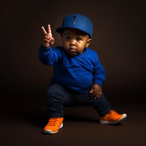 one year old chubby black boy, dark skin, 3d, holding up one finger, wearing solid royal blue shirt and black pants, with royal blue hightop sneakers, blue headband, black background, large orange number 1 in background