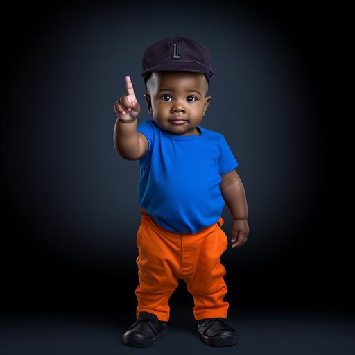 one year old chubby black boy, dark skin, 3d, holding up one finger, wearing solid royal blue shirt and black pants, with royal blue hightop sneakers, blue headband, black background, large orange number 1 in background