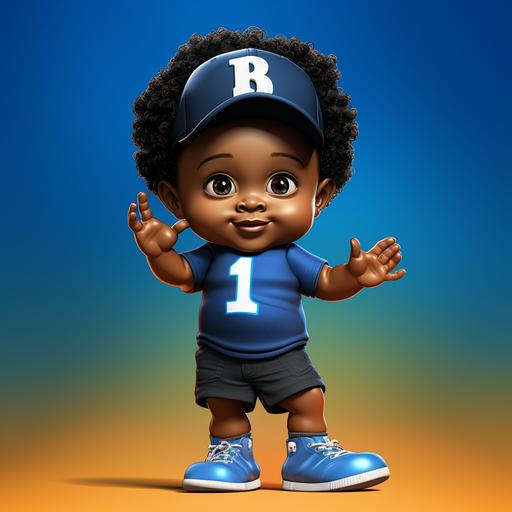 one year old chubby black boy holding up one finger, cartoon, 3d, he has dark skin, curly afro and wearing a blue basketball headband, he is wearing royal blue shirt and shoes, he is wearing black pants, the background is black there is a very large number 1 in background, very detailed